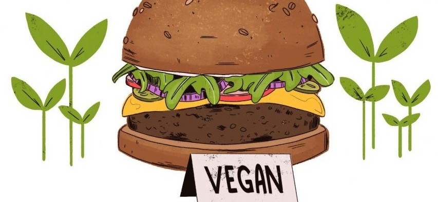 Illustration of a vegan burger with plants sprouting next to it