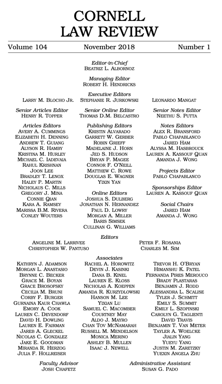 Cornell Law Review, Volume 104 Cornell Law Review