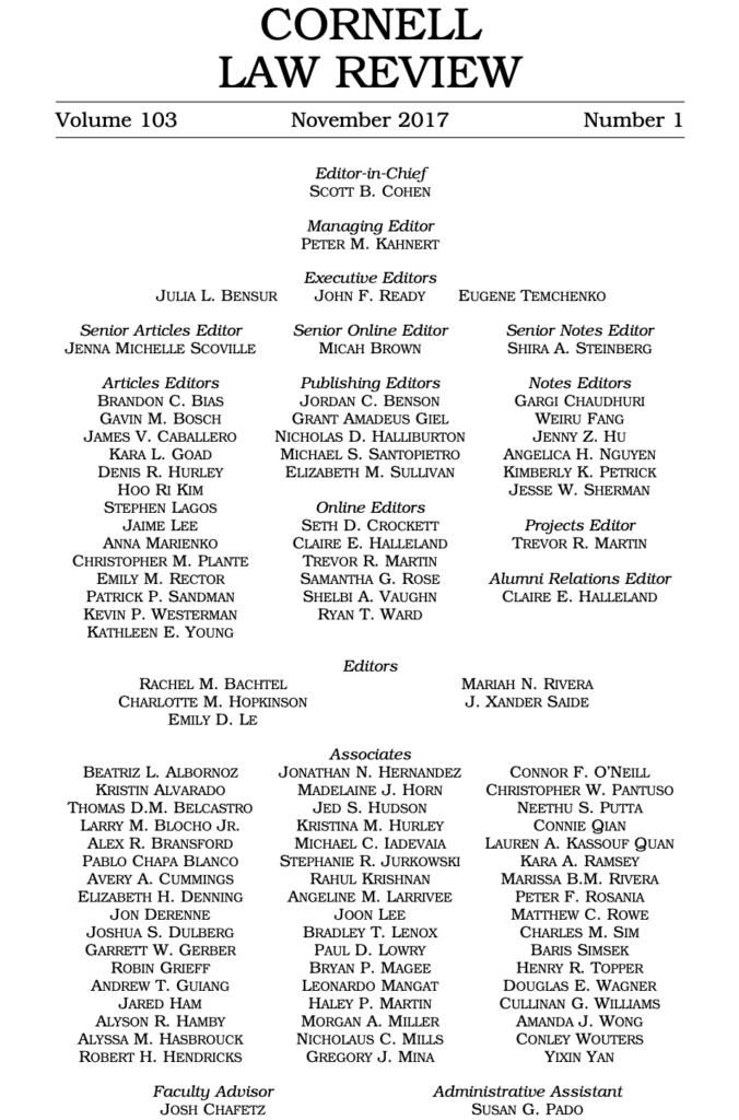 Cornell Law Review, Volume 103 Cornell Law Review