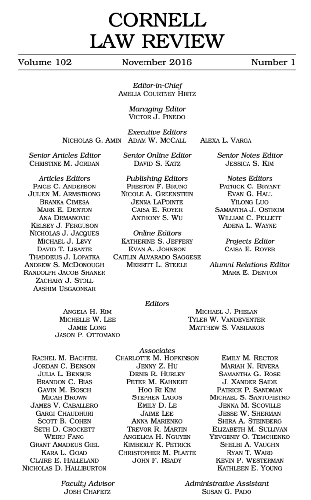 Cornell Law Review, Volume 102 Cornell Law Review